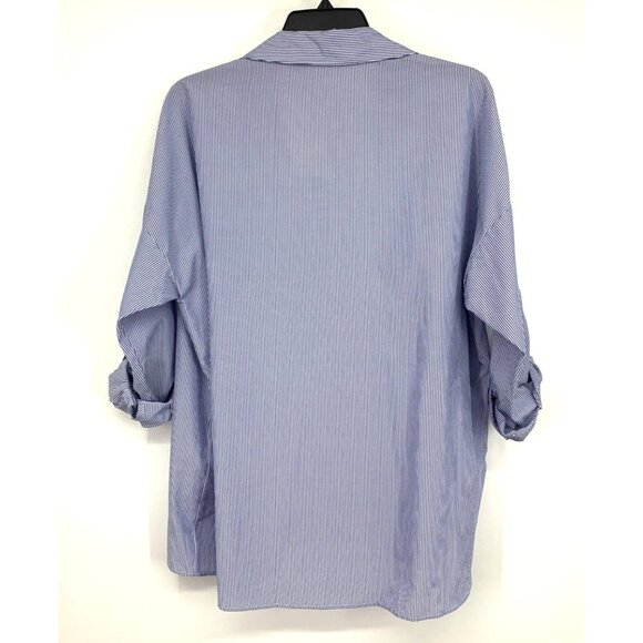 Zara Shirt Poplin Blue Stripe Button Down Roll Tab Sleeve Top - Picture 10 of 12